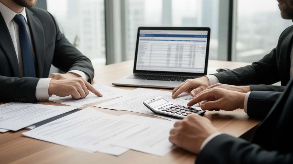Advogado e CFO revisando contratos e extratos bancários em reunião empresarial