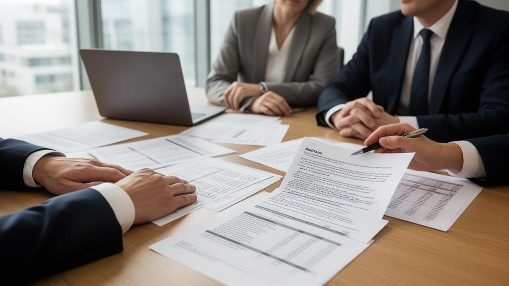 Advogado e empresários analisando planilhas e contrato bancário em escritório moderno