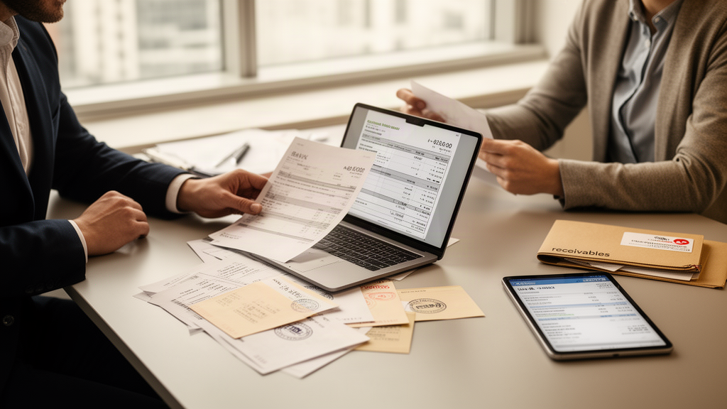 Consultoria empresarial revisando duplicatas, contratos e extratos em escritório corporativo