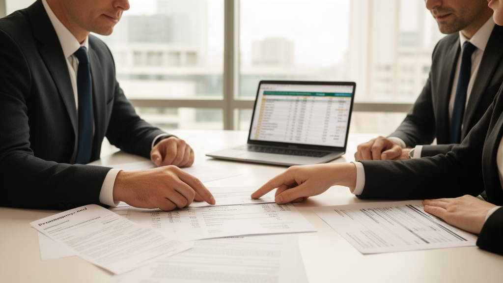 Advogado e CFO analisando CCB e extratos em escritório corporativo antes de ação judicial