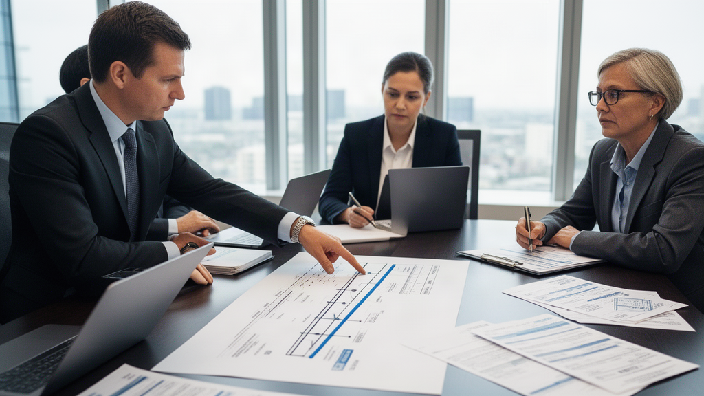 Advogado e empresários analisando cronologia e documentos financeiros em reunião empresarial