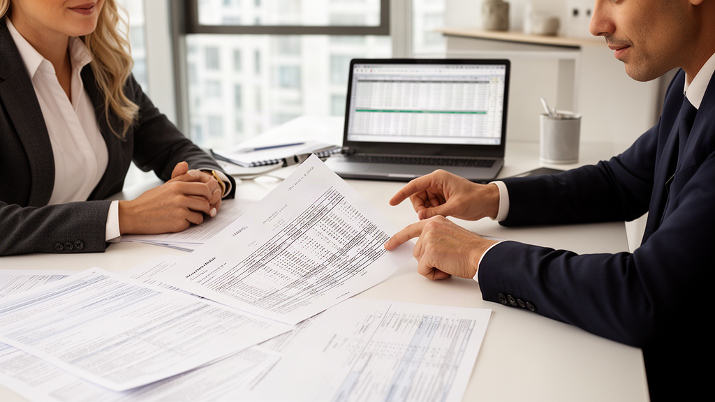 Advogado e empresário revisando planilha de amortização e extratos em escritório corporativo