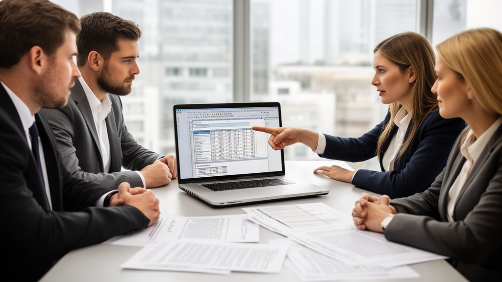 Equipe empresarial analisando contrato e planilha de dívida em sala de reunião moderna