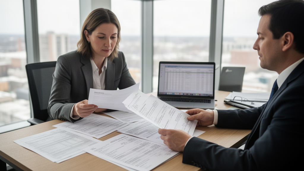 Sócio e advogado analisando contratos e extratos bancários em reunião corporativa