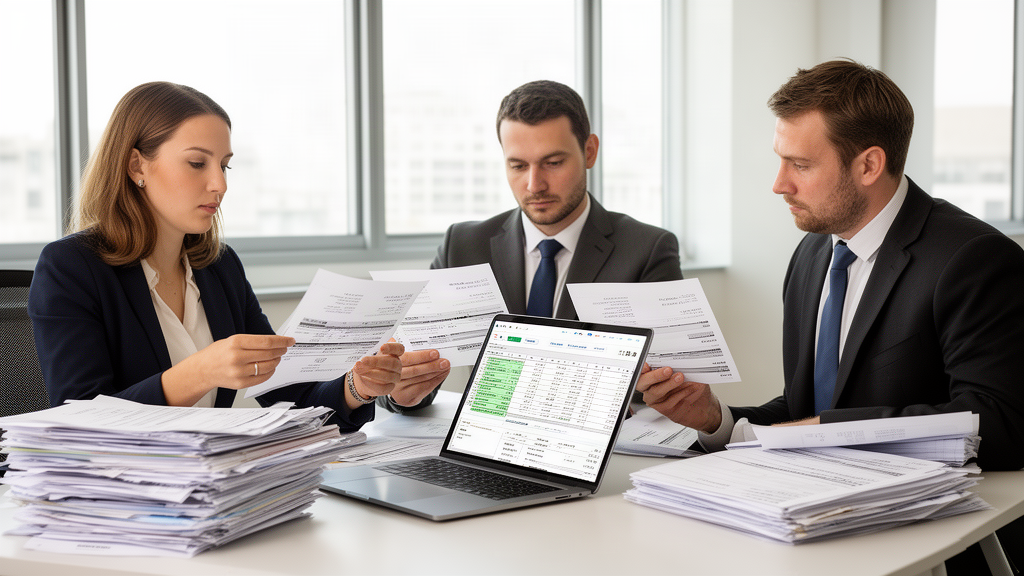 Equipe empresarial analisando extratos, contratos e planilha de recebíveis em escritório claro
