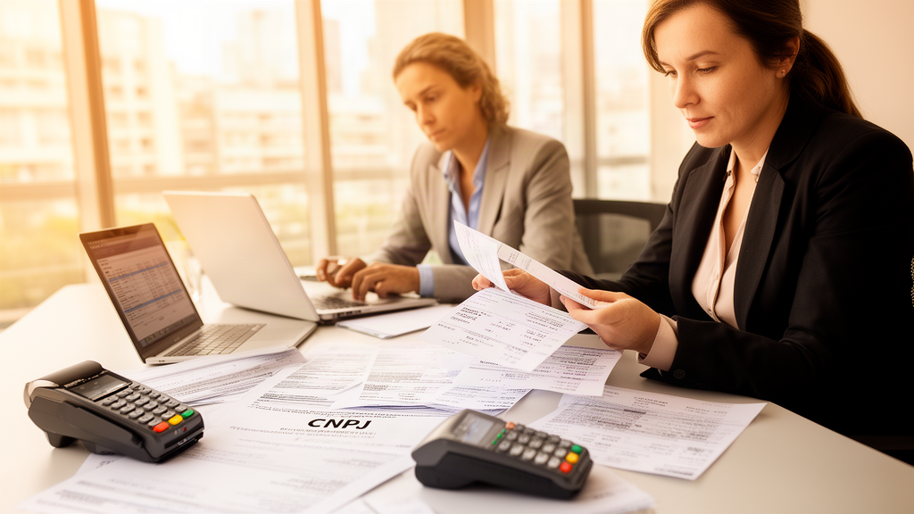 Advogado e empresário analisando extratos e relatórios de recebíveis em escritório claro