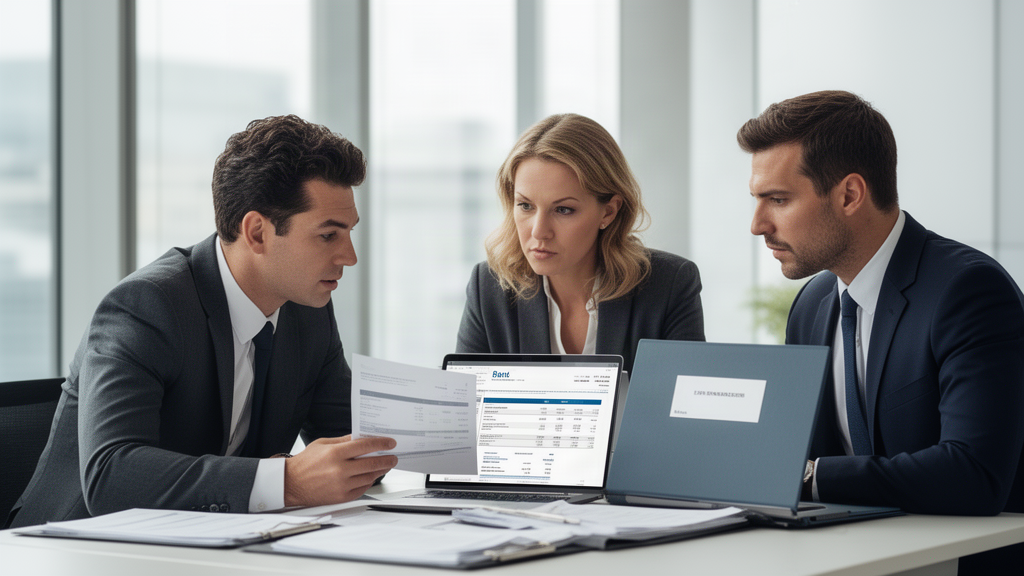 Equipe empresarial analisando extratos e documentos financeiros em escritório com luz natural