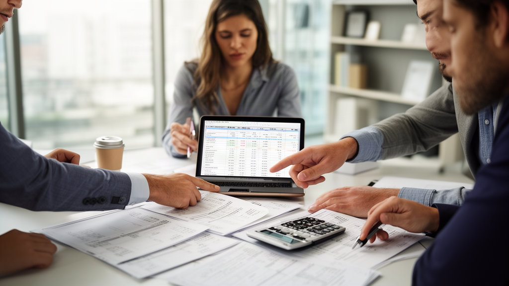 Equipe empresarial analisando planilhas financeiras e extratos em mesa de escritório