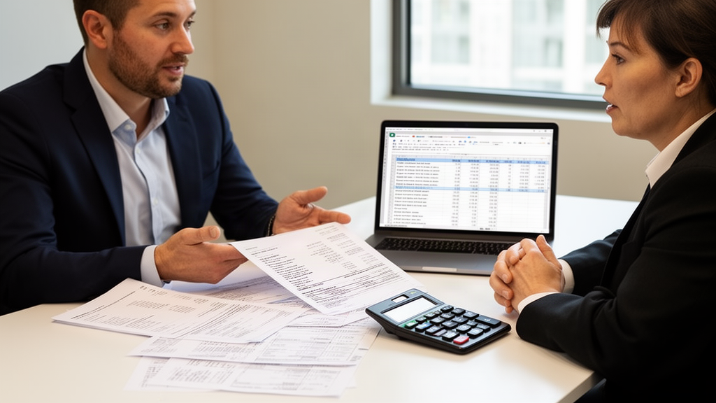 Sócio e advogado analisando extratos e planilhas em escritório claro, simbolizando negociação e defesa contra penhora de faturamento