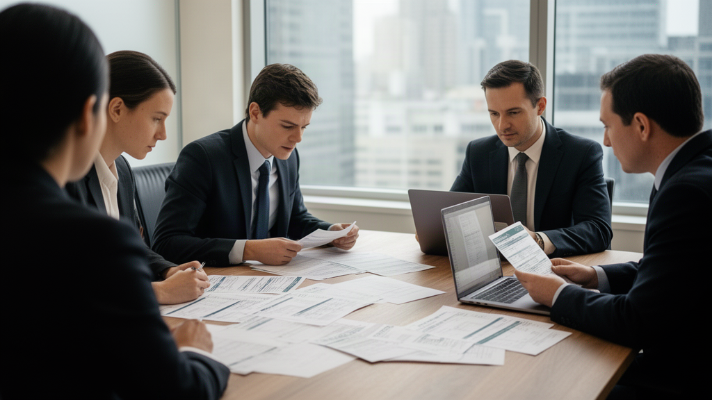 Advogado e executivos analisando planilhas e extratos em reunião corporativa, luz natural