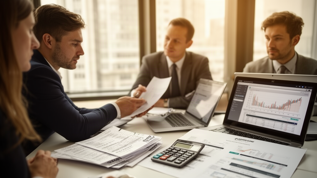 Equipe empresarial analisando extratos e fluxo de caixa em reunião no escritório