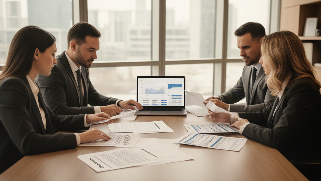 Executivos revisando contrato e extratos em reunião corporativa, luz natural