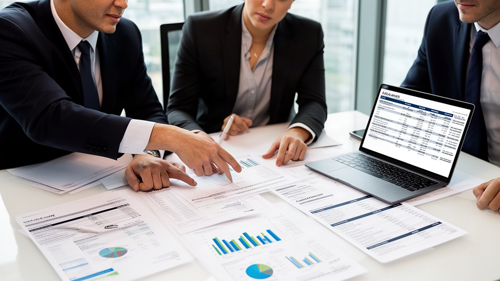 Equipe financeira revisando extratos e projeção de caixa em escritório corporativo