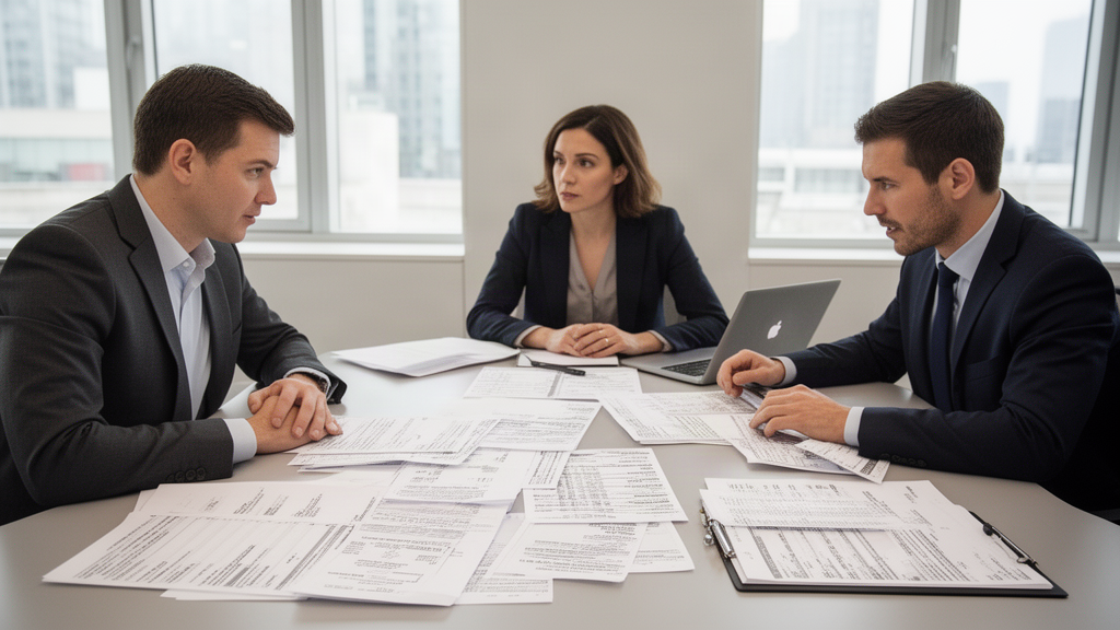 Equipe empresarial analisando fluxo de caixa e extratos para evitar penhora de faturamento