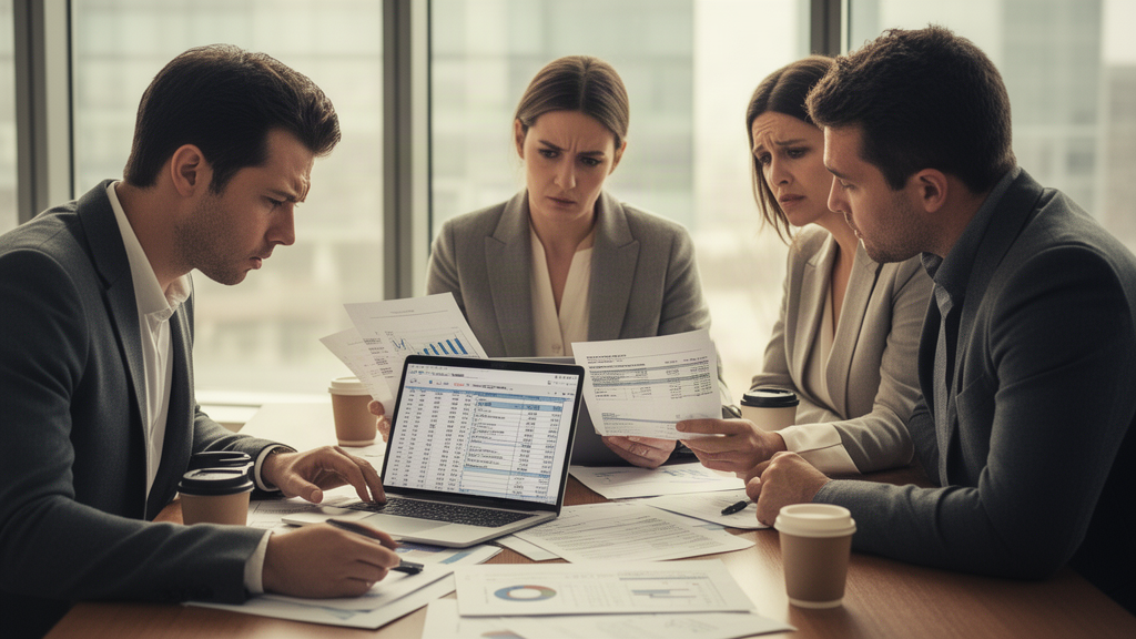 Equipe empresarial analisando planilha financeira e faturas para calcular impacto da penhora no caixa