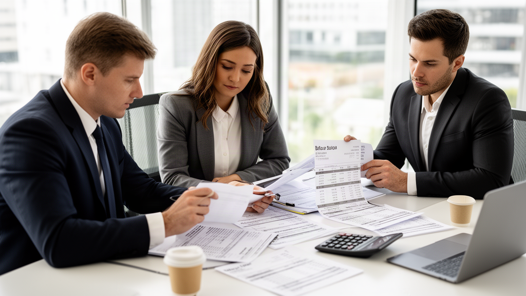 Equipe empresarial analisando extratos e folha de pagamento em escritório claro