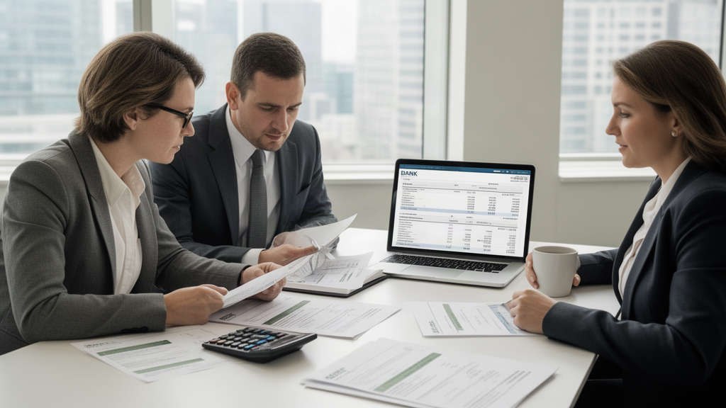 Equipe empresarial revisando extratos e fluxo de caixa em escritório moderno