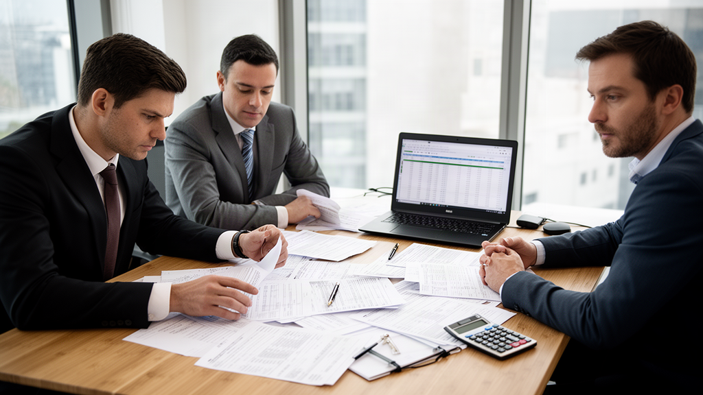 Advogado e empresário analisando planilhas e extratos em escritório moderno para pedir penhora de faturamento variável