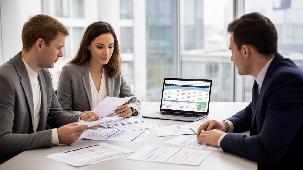 Equipe empresarial analisando planilha de fluxo de caixa e extratos bancários em reunião