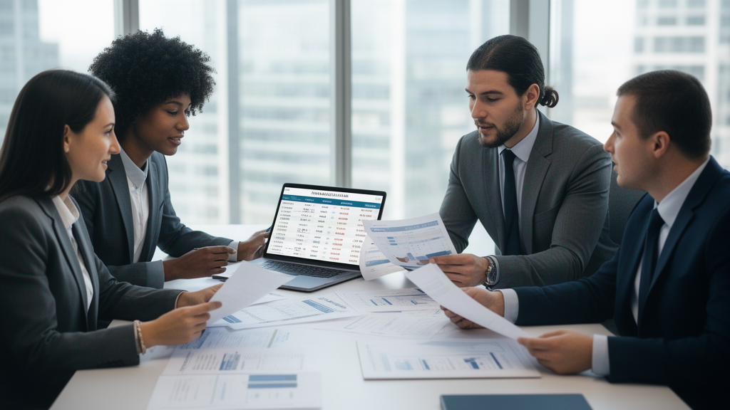 Equipe empresarial revisando relatórios financeiros em escritório claro