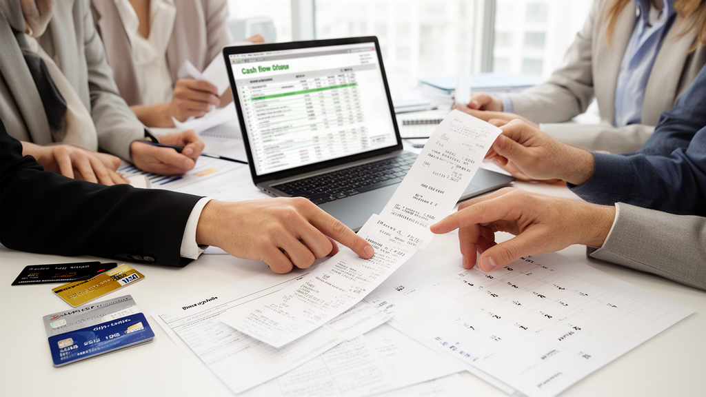 Equipe financeira empresarial revisando extratos e fluxo de caixa em escritório claro