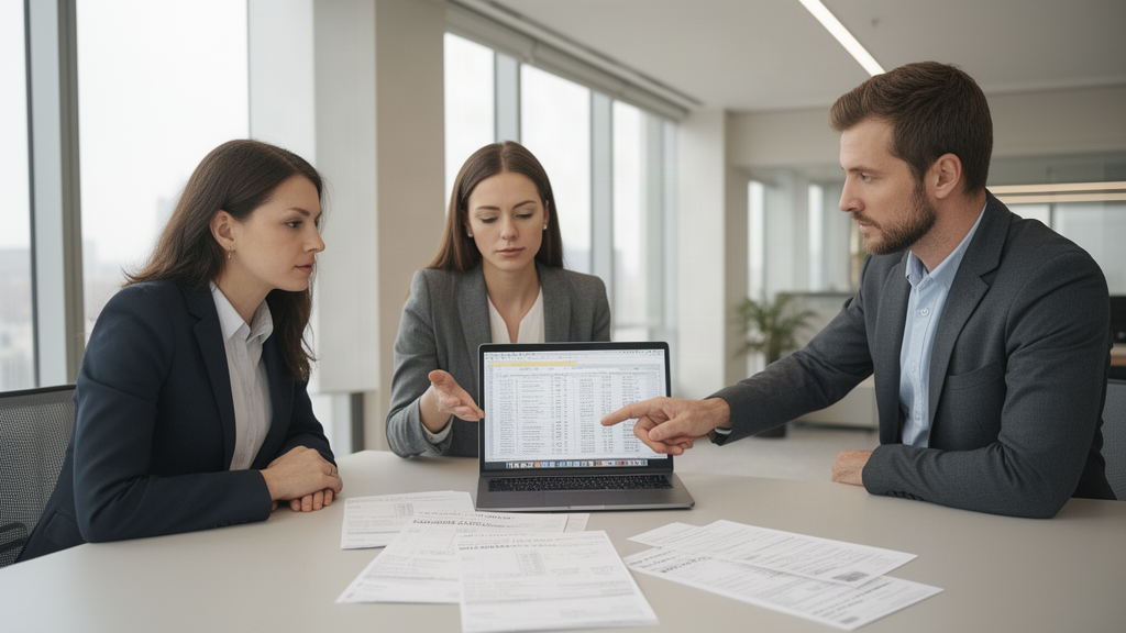 Equipe empresarial analisando extratos e guias fiscais em escritório claro