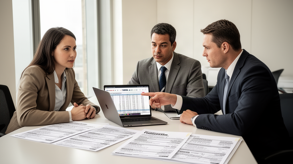 Equipe empresarial revisando extratos e contrato de franquia em escritório moderno