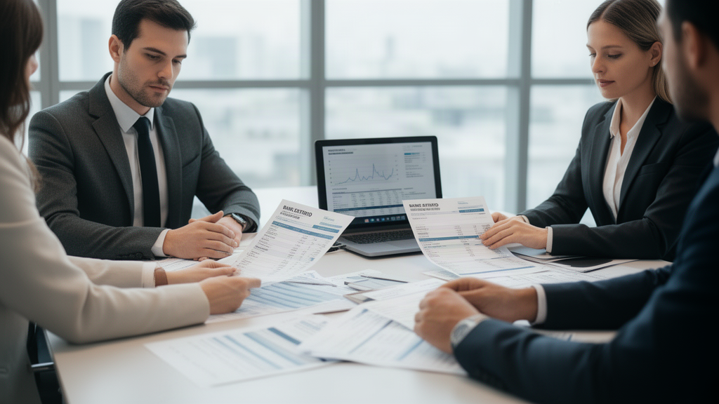 Equipe corporativa analisando extratos e fluxo de caixa em escritório financeiro