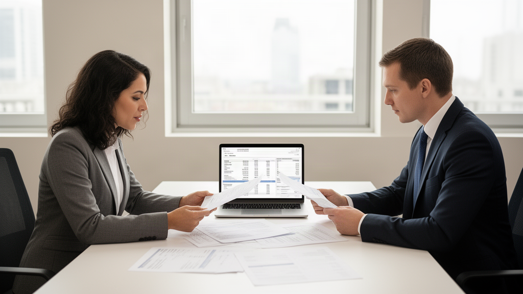 Advogado e empresário analisando documentos e extratos bancários em escritório corporativo