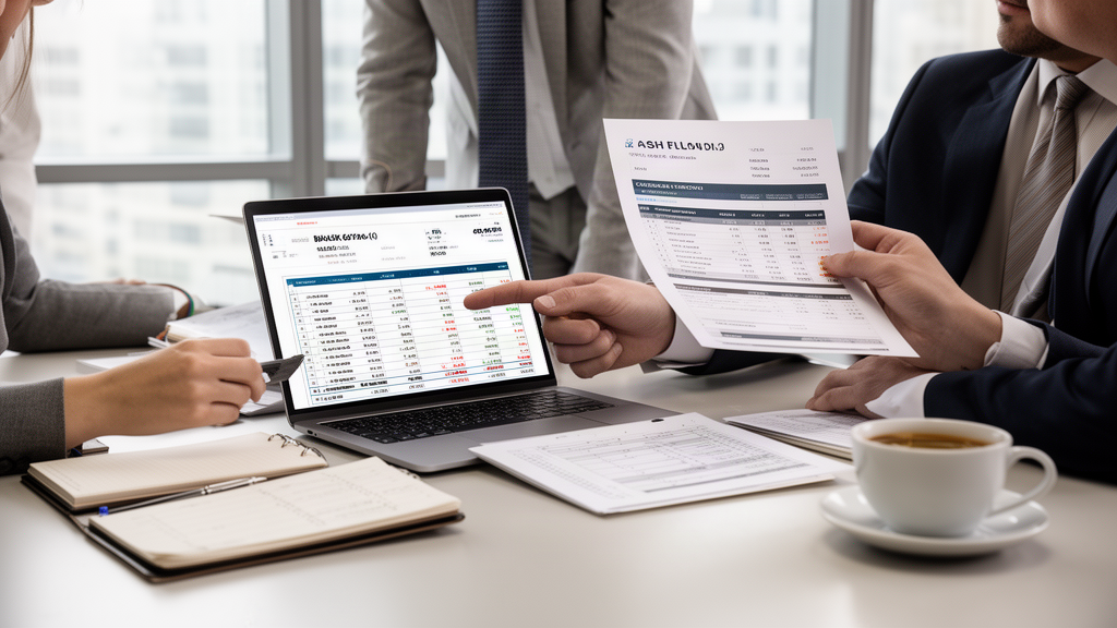 Equipe empresarial analisando fluxo de caixa e extratos bancários em escritório moderno.