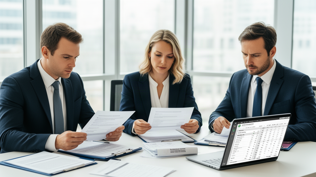 Equipe empresarial analisando contratos, notas fiscais e extratos bancários em mesa iluminada
