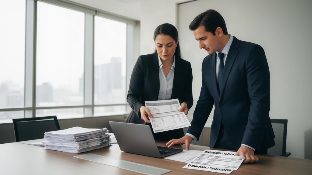 Advogado e diretor financeiro analisando contratos de factoring e extratos em escritório moderno