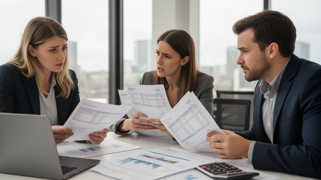 Equipe empresarial analisando extratos e fluxo de caixa em escritório moderno