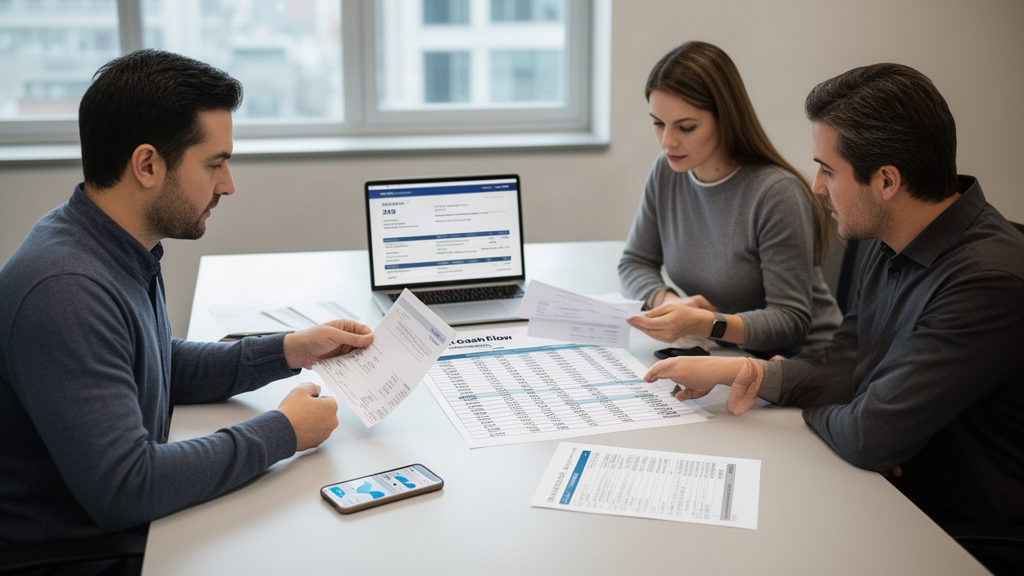 Equipe empresarial analisando extratos e fluxo de caixa em escritório claro