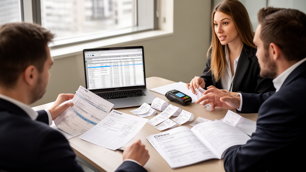 Equipe financeira analisando extratos e relatórios de recebíveis de cartão em escritório