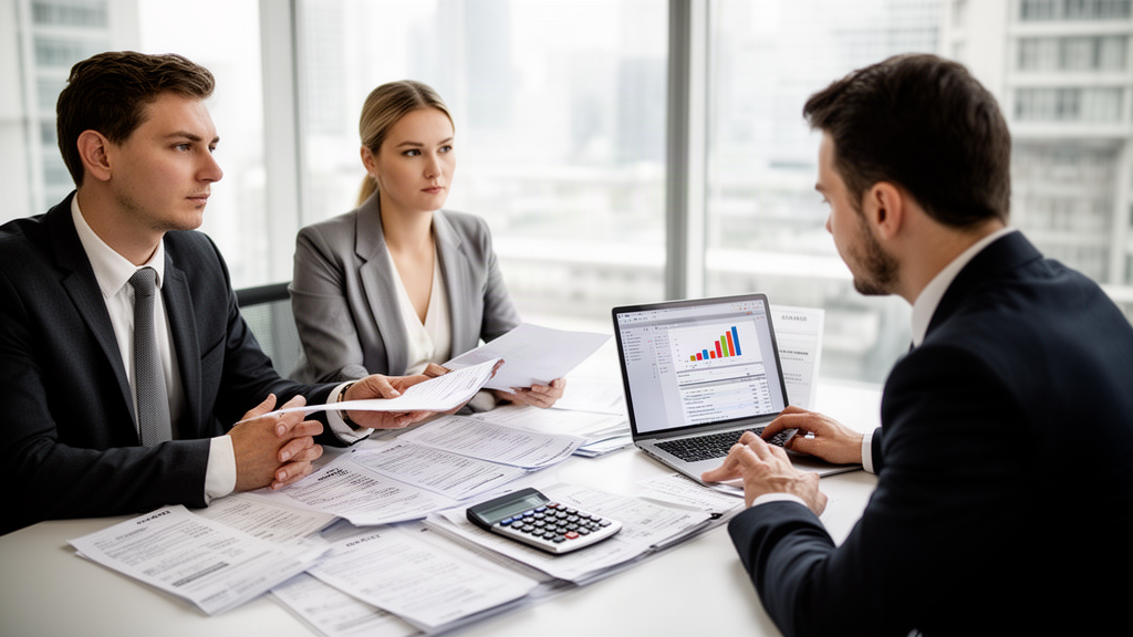 Equipe empresarial analisando extratos e fluxo de caixa em escritório moderno
