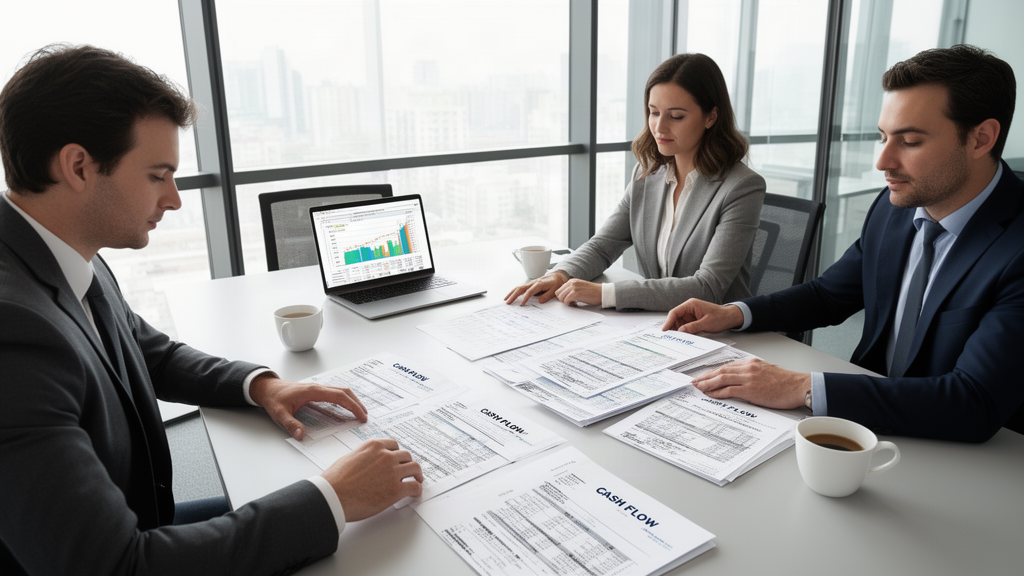 Equipe empresarial analisando fluxo de caixa e extratos em reunião no escritório