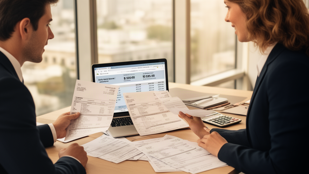 Advogado e empresário analisando extratos e fluxo de caixa em escritório corporativo