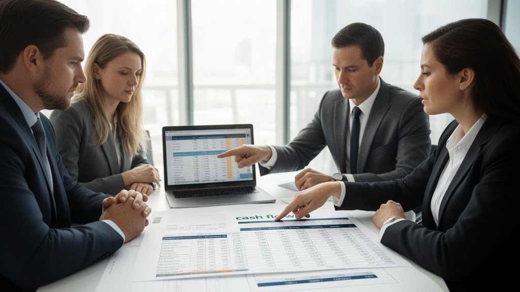 Equipe empresarial analisando planilha de fluxo de caixa em reunião com laptop e documentos