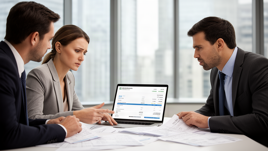 Equipe empresarial analisando extratos e documentos financeiros em escritório moderno