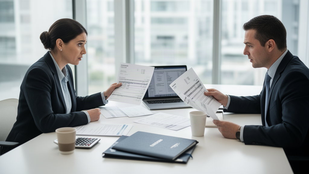 Empresário e gerente financeiro analisando extratos e contratos em escritório moderno após bloqueio bancário