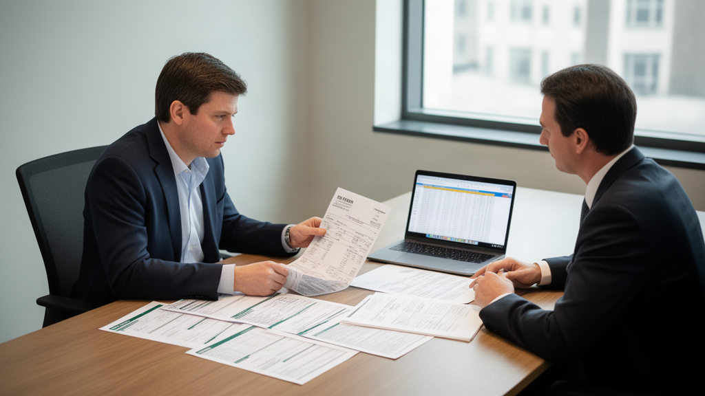 Executivo e advogado analisando extratos e planilha financeira em sala corporativa