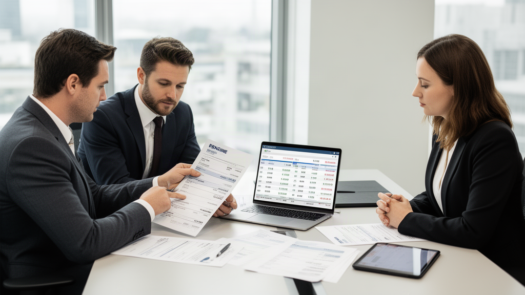 Equipe empresarial analisando extratos e relatórios de pagamentos em escritório moderno