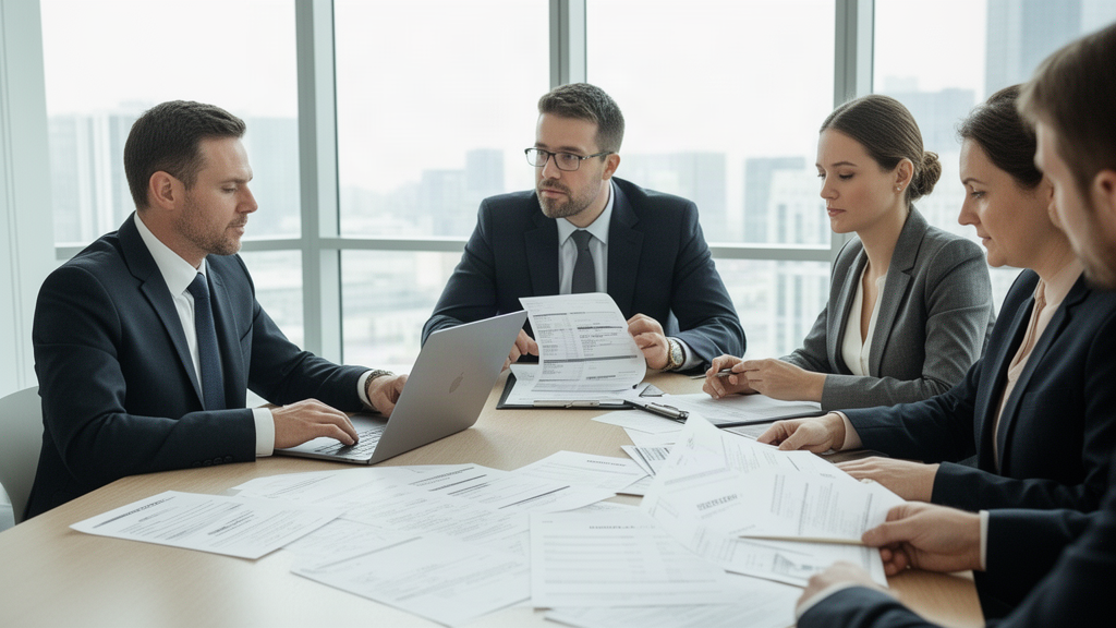 Sócios e advogado analisando contratos e extratos em reunião corporativa, escritório claro