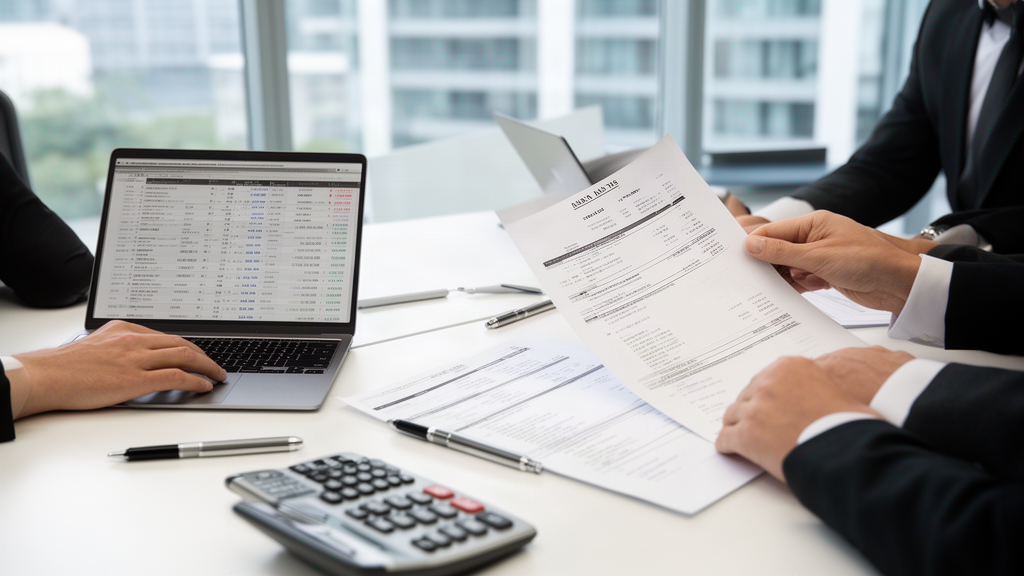Equipe jurídica empresarial analisando extratos e documentos financeiros em escritório moderno