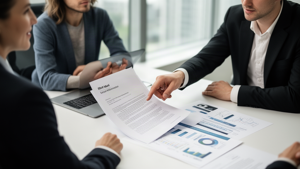 Profissionais em reunião empresarial revisando contrato e gráficos financeiros em escritório moderno