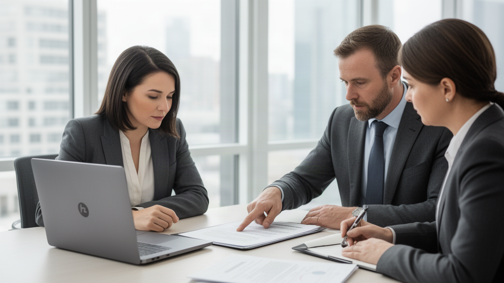 Dois sócios e um gerente bancário discutindo contrato em escritório corporativo iluminado