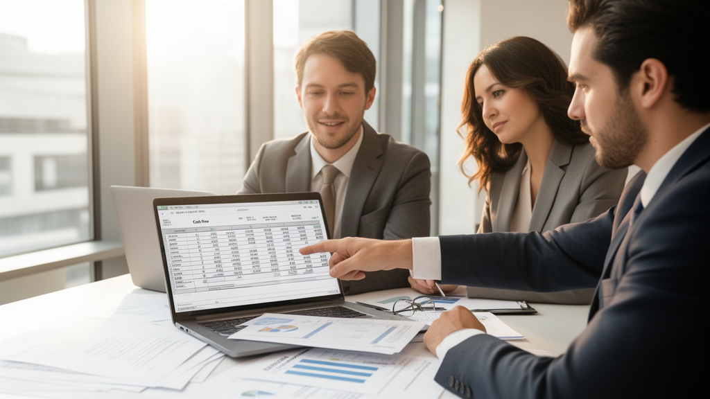 Equipe empresarial analisando fluxo de caixa e documentos financeiros em escritório iluminado