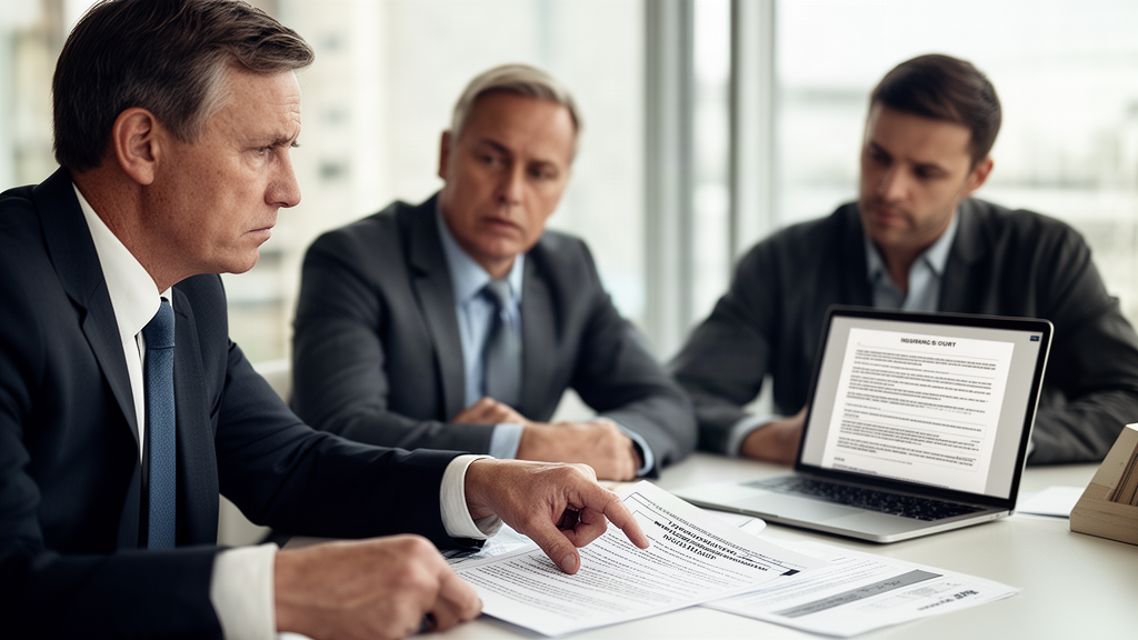 Advogado e empresário analisando apólice de seguro garantia judicial em escritório moderno