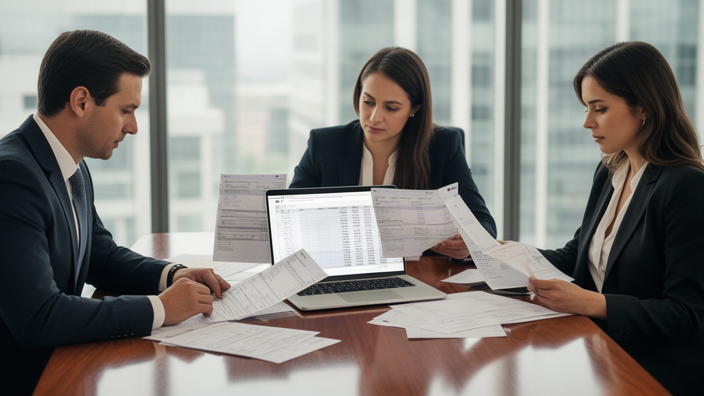 Equipe empresarial revisando extratos e planilha de folha para pedido de liberação parcial SisbaJud